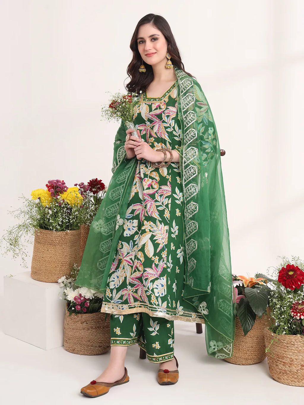 Yufta Green Floral Print A-Line Kurta Trouser And Dupatta Set