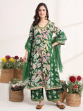 Yufta Green Floral Print A-Line Kurta Trouser And Dupatta Set