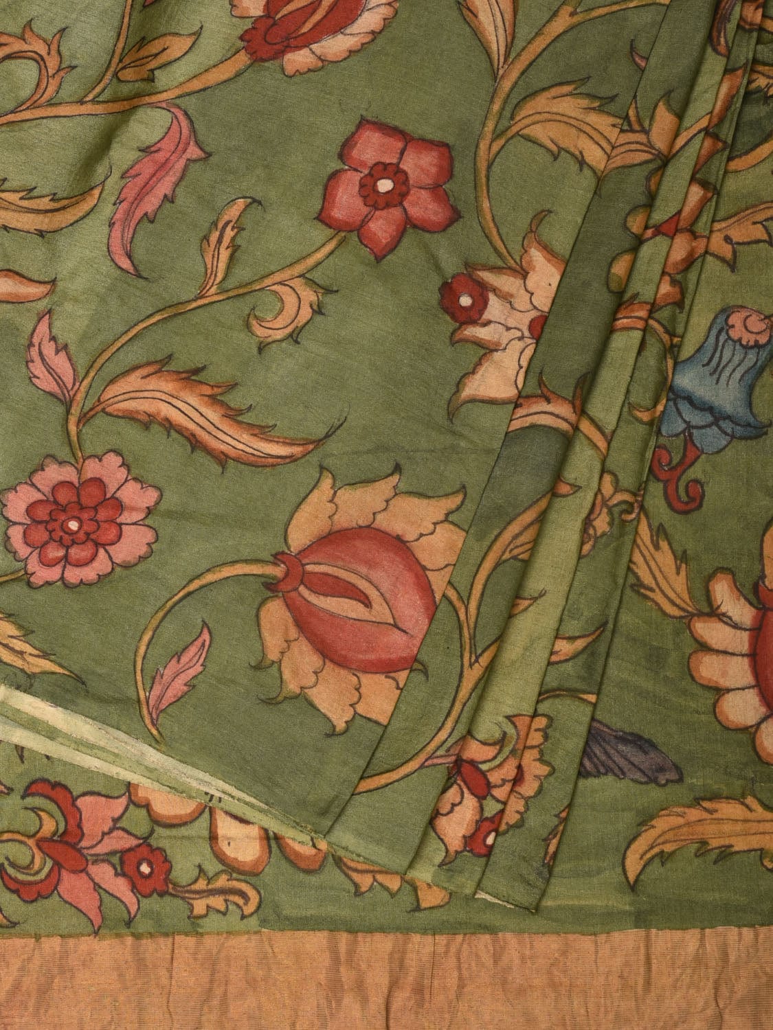 Green Kalamkari Hand Painted Tussar Cotton Handloom Saree with Floral Design - Global Threads