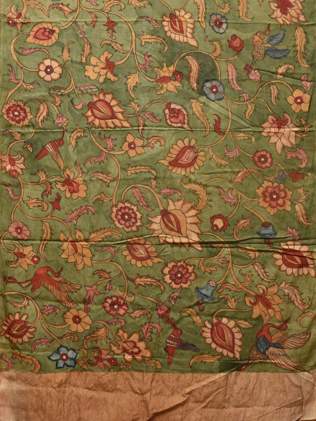 Green Kalamkari Hand Painted Tussar Cotton Handloom Saree with Floral Design - Global Threads