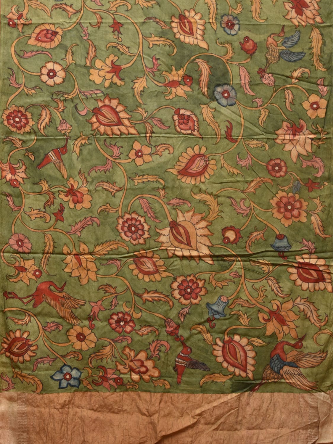Green Kalamkari Hand Painted Tussar Cotton Handloom Saree with Floral Design - Global Threads