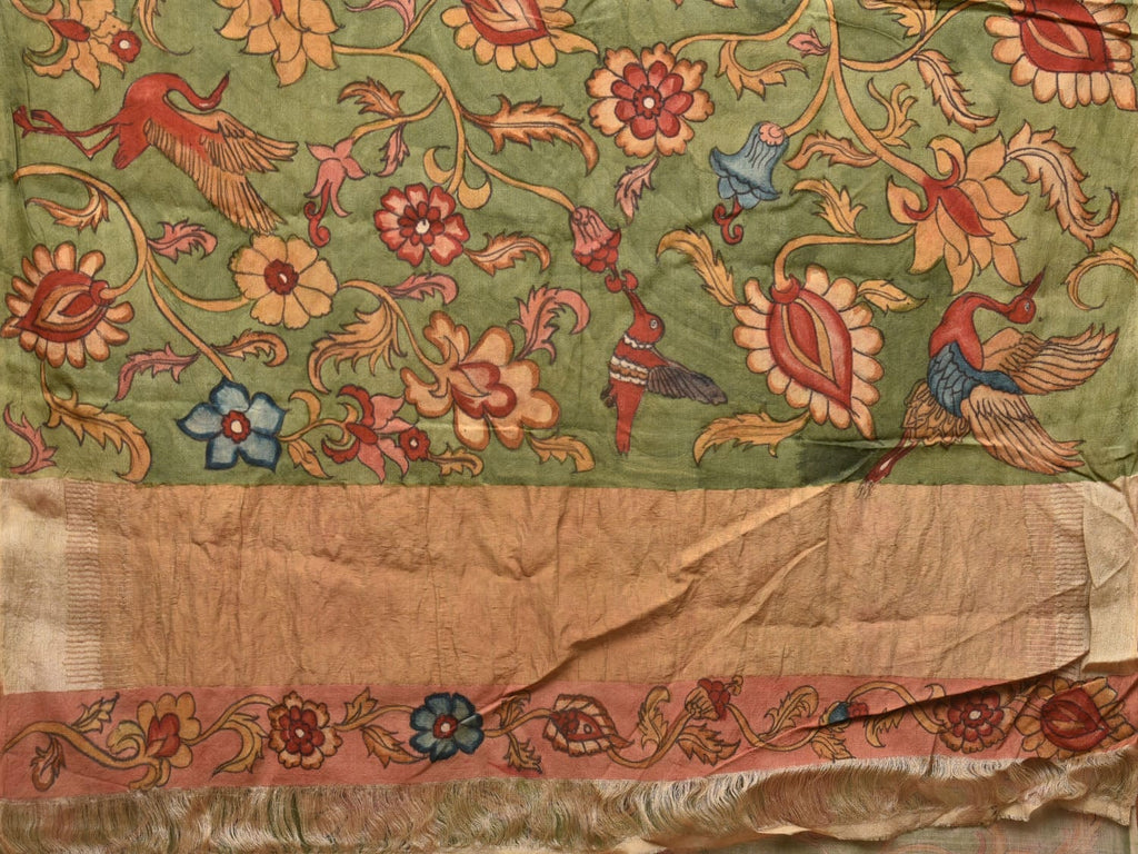 Green Kalamkari Hand Painted Tussar Cotton Handloom Saree with Floral Design - Global Threads
