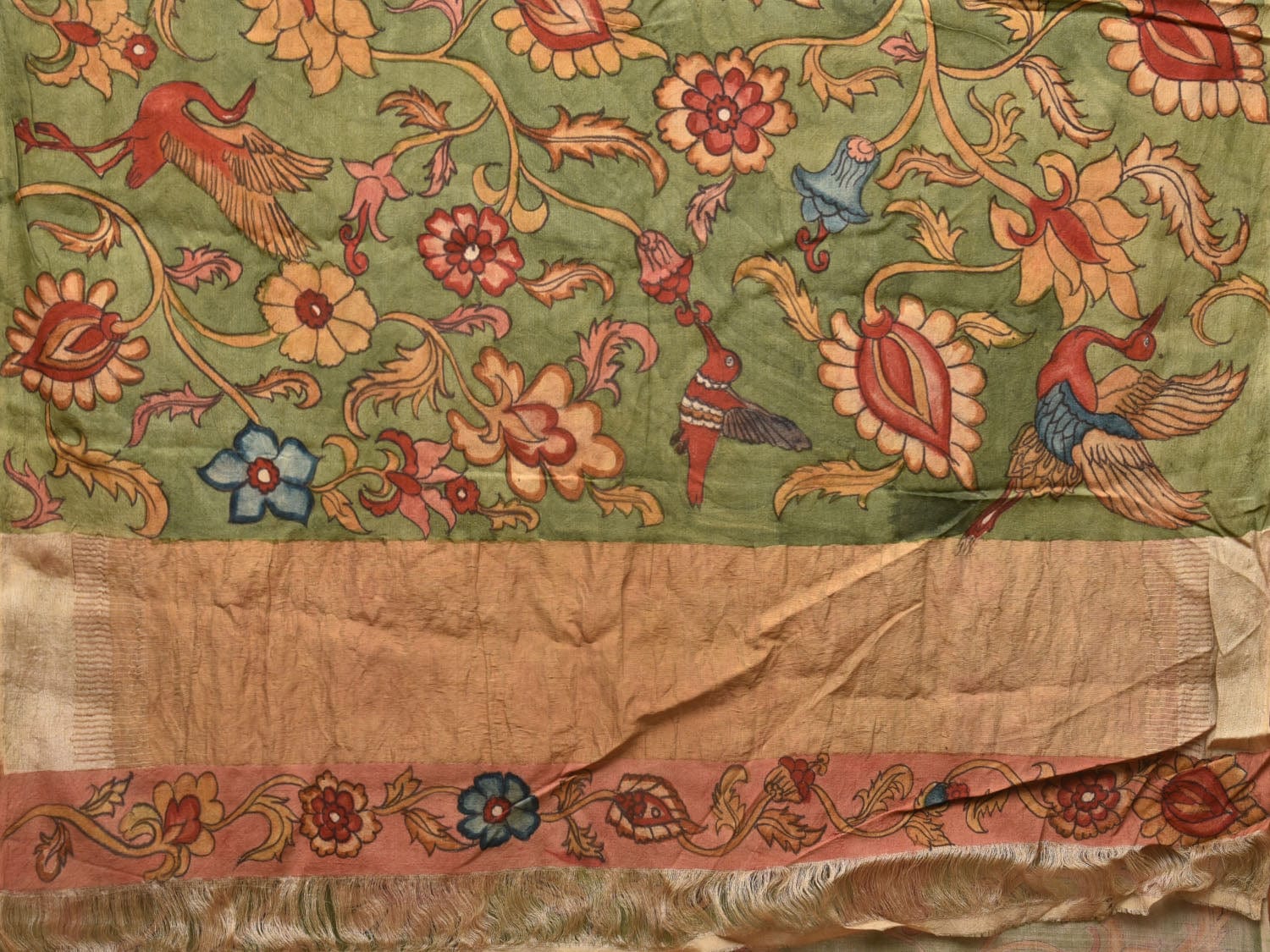 Green Kalamkari Hand Painted Tussar Cotton Handloom Saree with Floral Design - Global Threads