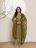 Yufta Green Leaf Print Cotton Straight Kurta Dupatta Set