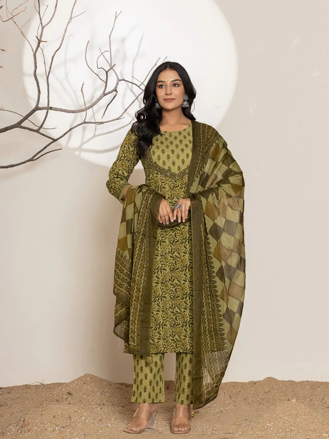 Yufta Green Leaf Print Cotton Straight Kurta Dupatta Set