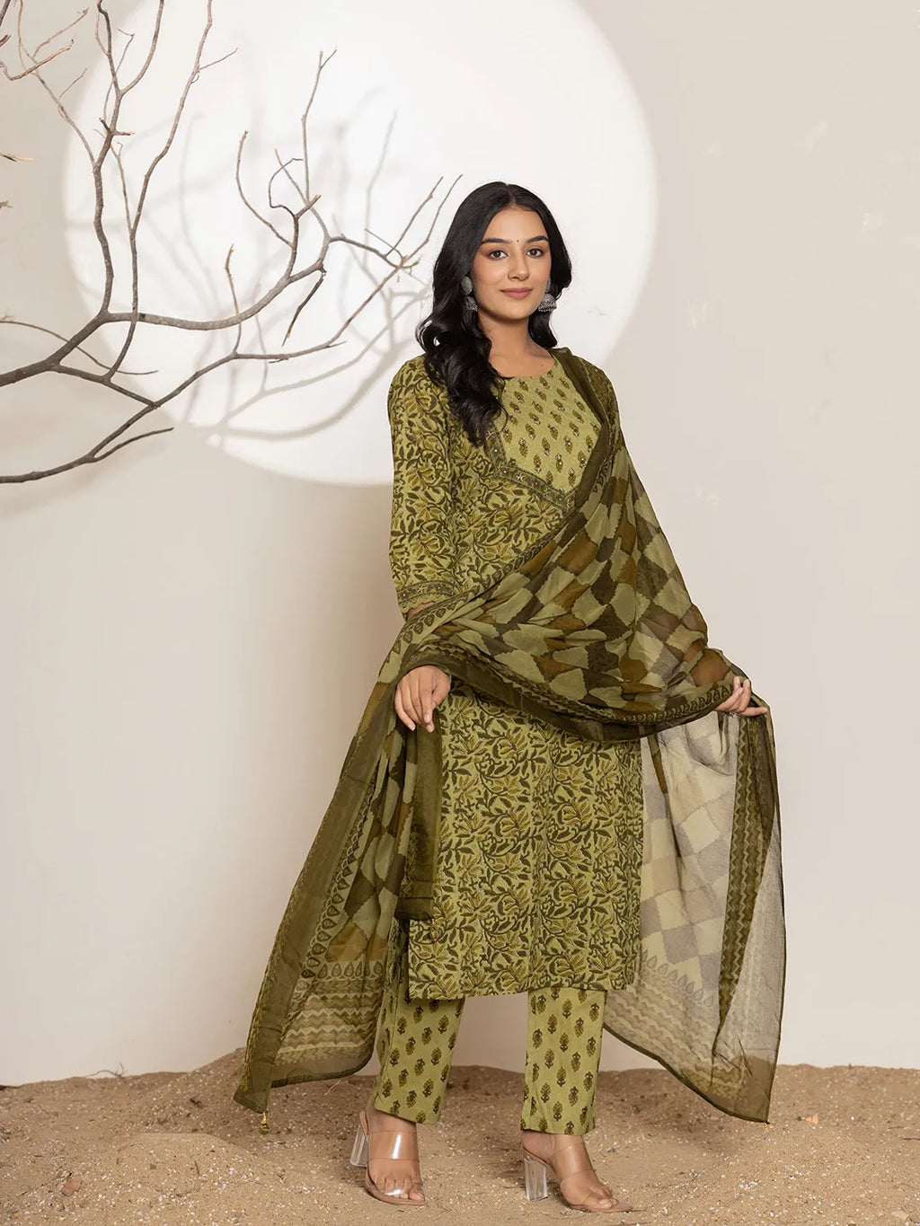 Yufta Green Leaf Print Cotton Straight Kurta Dupatta Set
