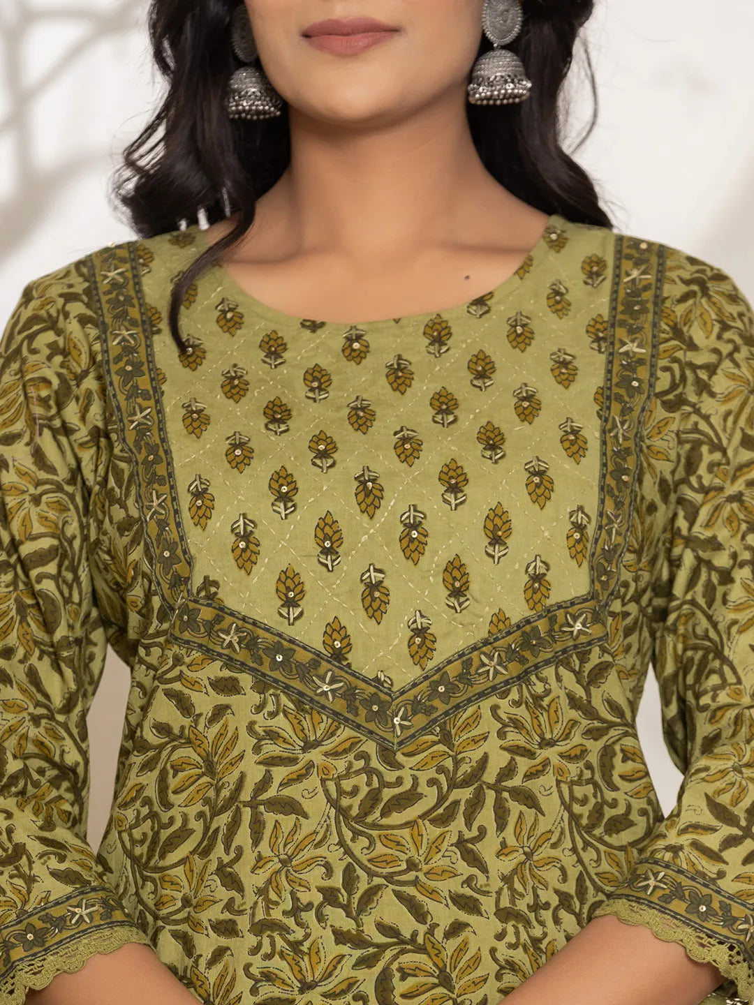 Yufta Green Leaf Print Cotton Straight Kurta Dupatta Set