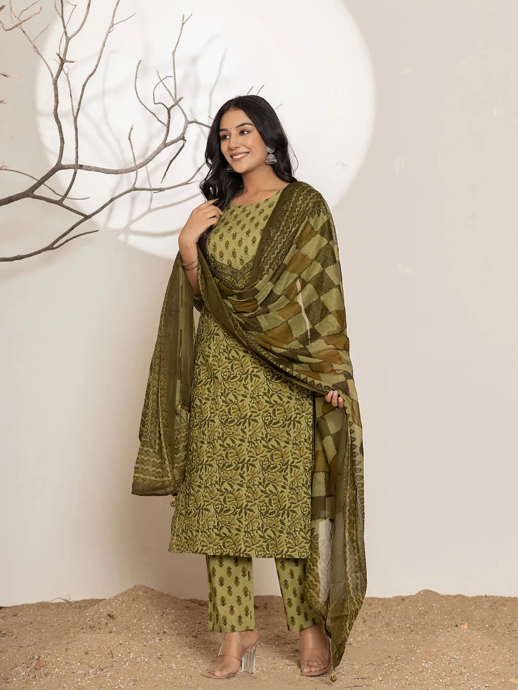 Yufta Green Leaf Print Cotton Straight Kurta Dupatta Set