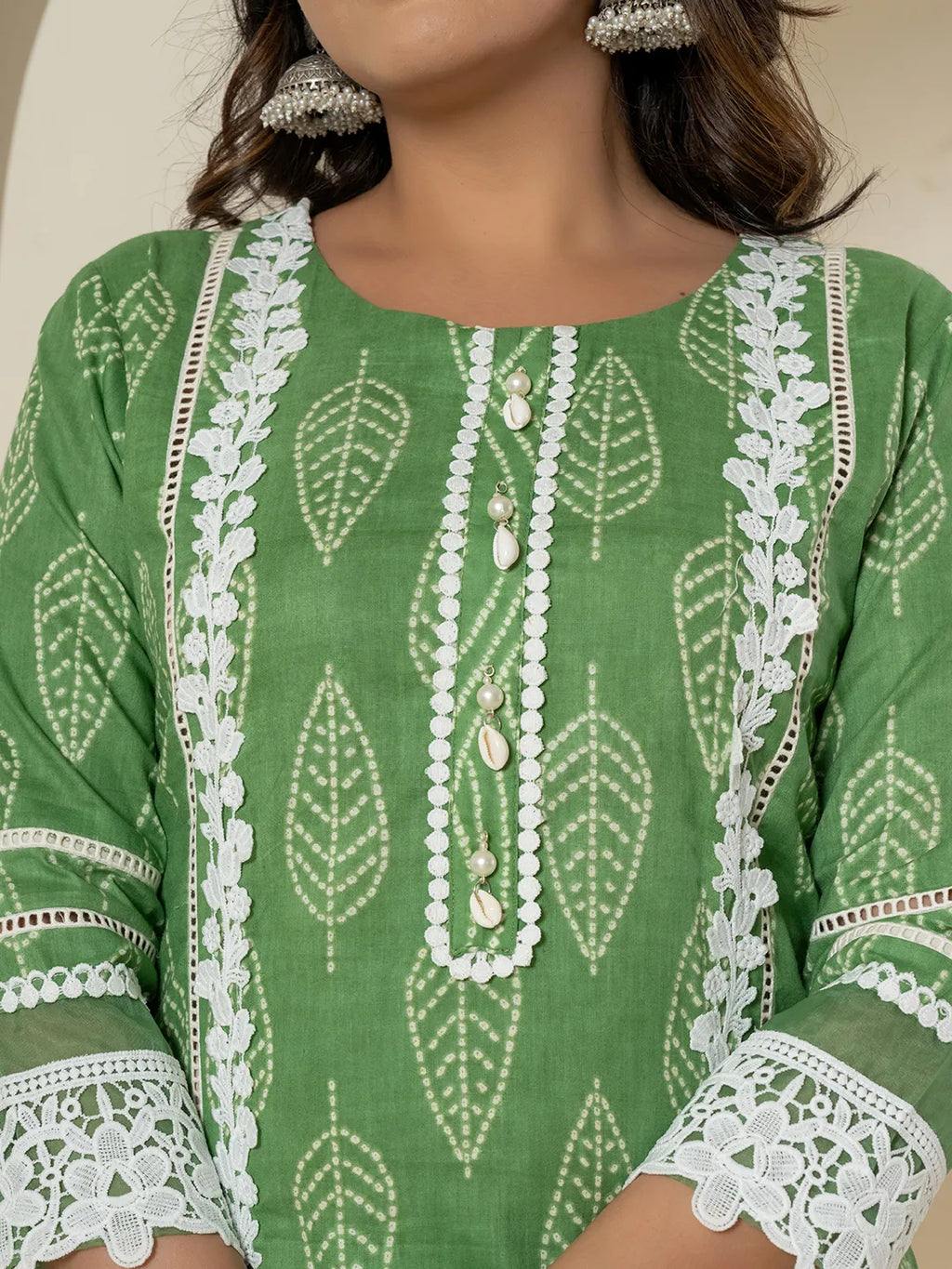 Yufta Green Patch Work Pure Cotton Straight Kurta And Dupatta Set