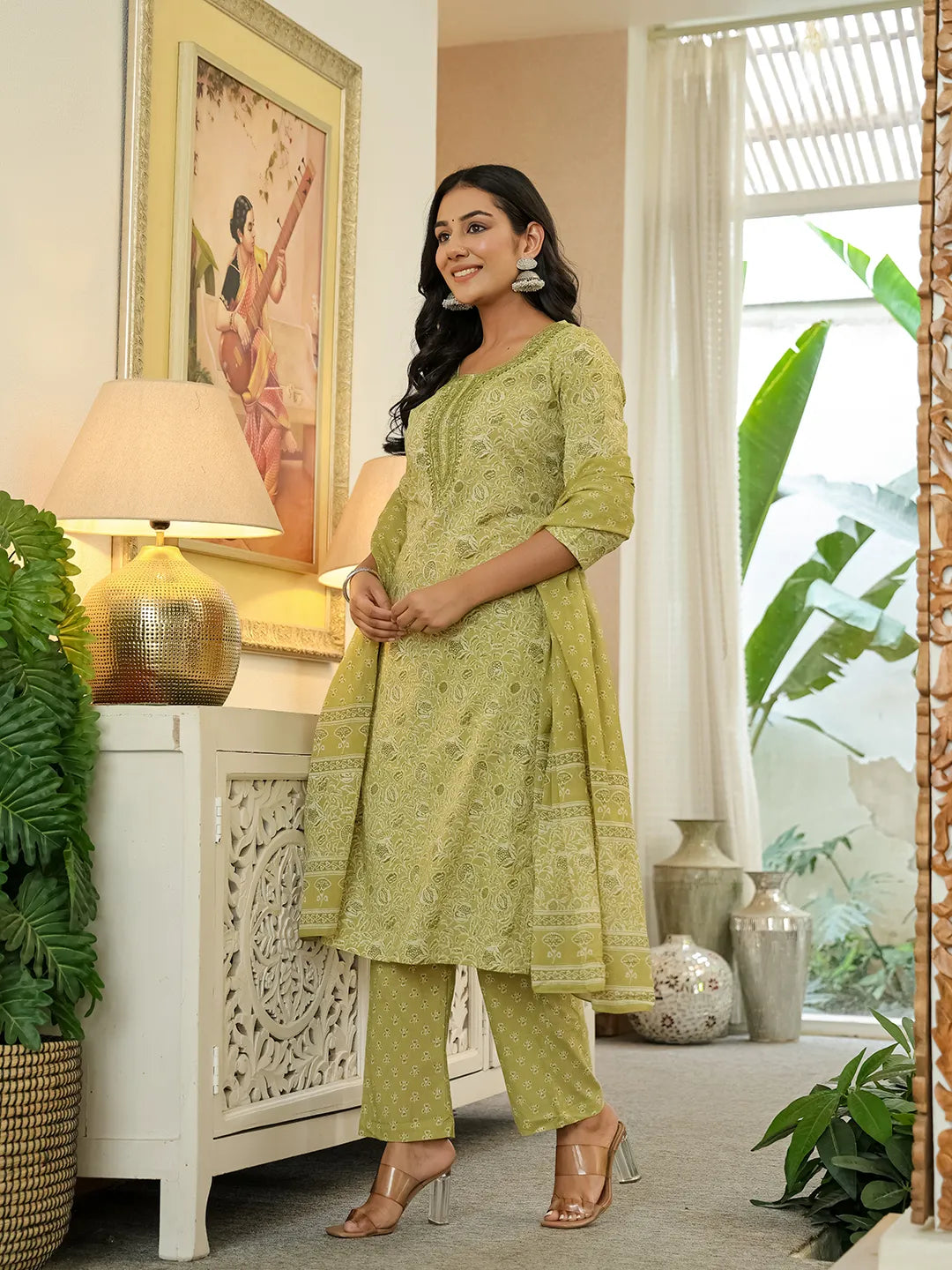 Yufta Green Pure Cotton Thread Work Sequins Work Kurta Dupatta Pant Set