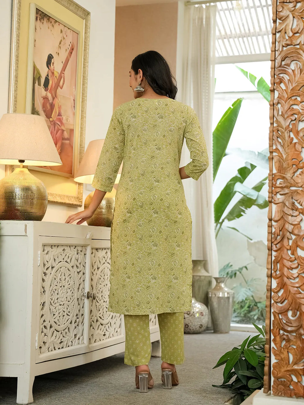 Yufta Green Pure Cotton Thread Work Sequins Work Kurta Dupatta Pant Set