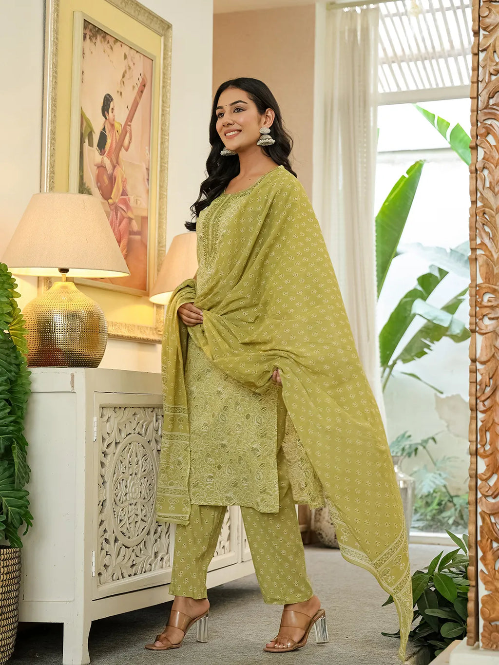 Yufta Green Pure Cotton Thread Work Sequins Work Kurta Dupatta Pant Set