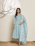 Yufta Green Sequins Workthread Work Cotton Anarkali Kurta And Trouser With Dupatta