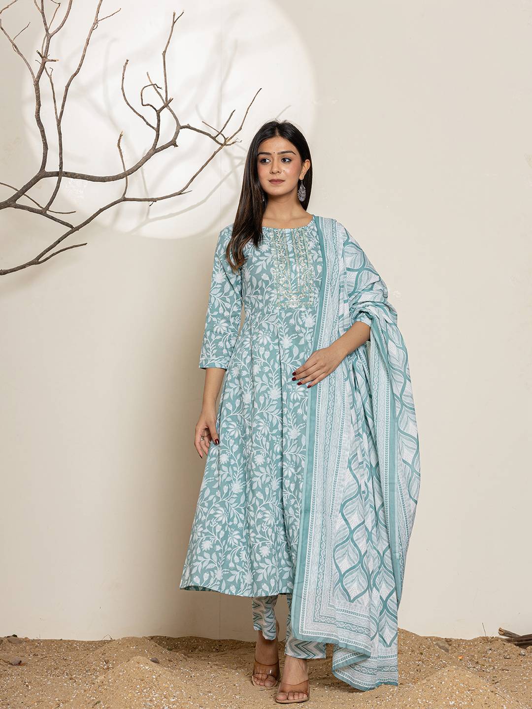Yufta Green Sequins Workthread Work Cotton Anarkali Kurta And Trouser With Dupatta