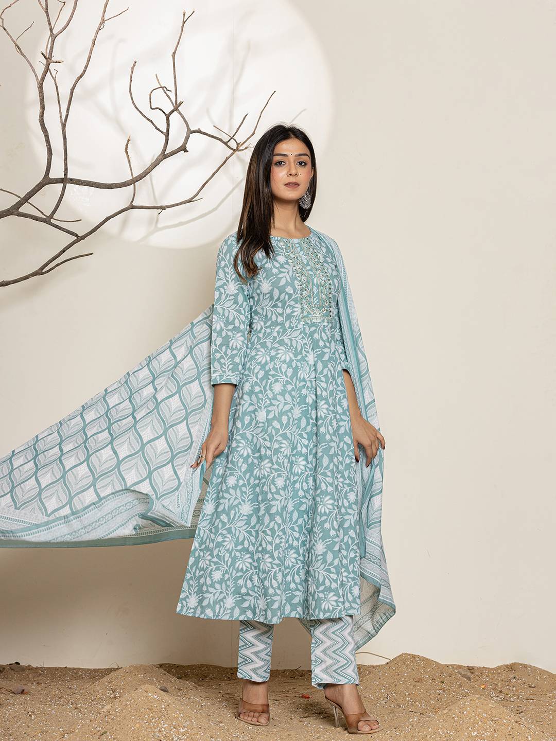 Yufta Green Sequins Workthread Work Cotton Anarkali Kurta And Trouser With Dupatta