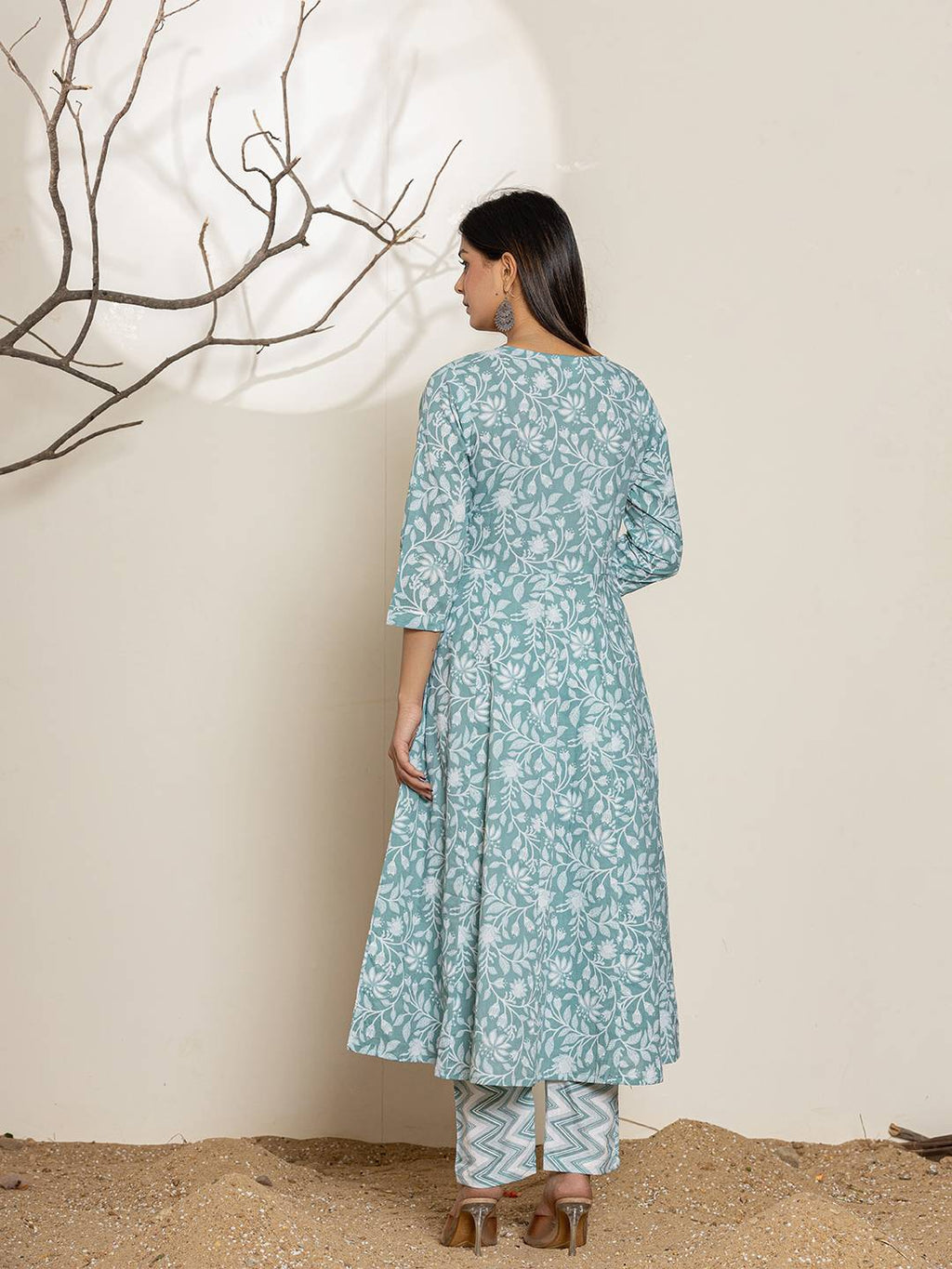 Yufta Green Sequins Workthread Work Cotton Anarkali Kurta And Trouser With Dupatta
