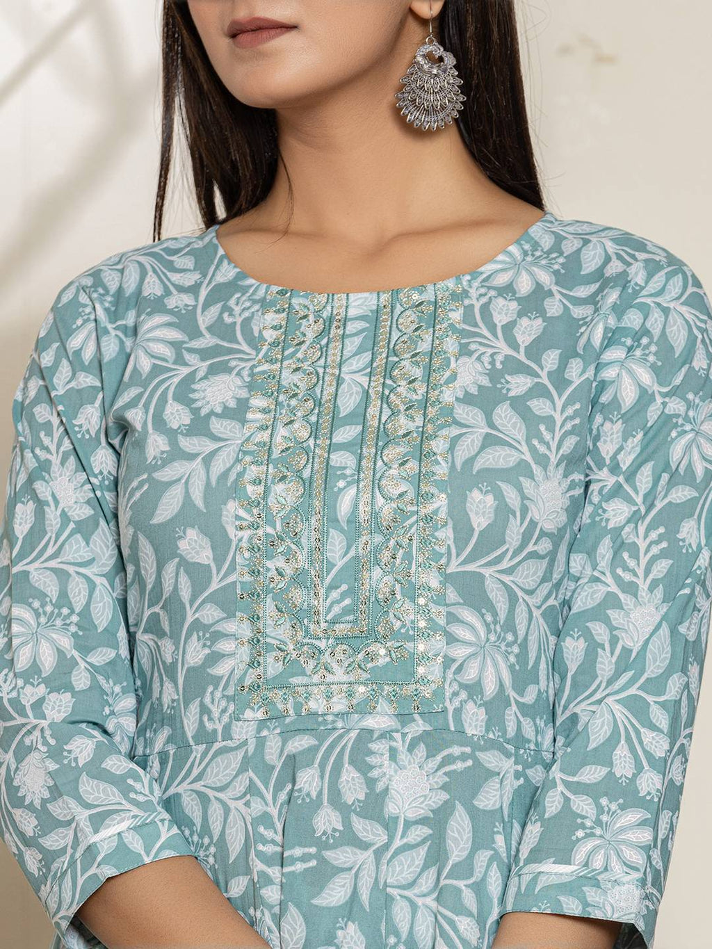 Yufta Green Sequins Workthread Work Cotton Anarkali Kurta And Trouser With Dupatta