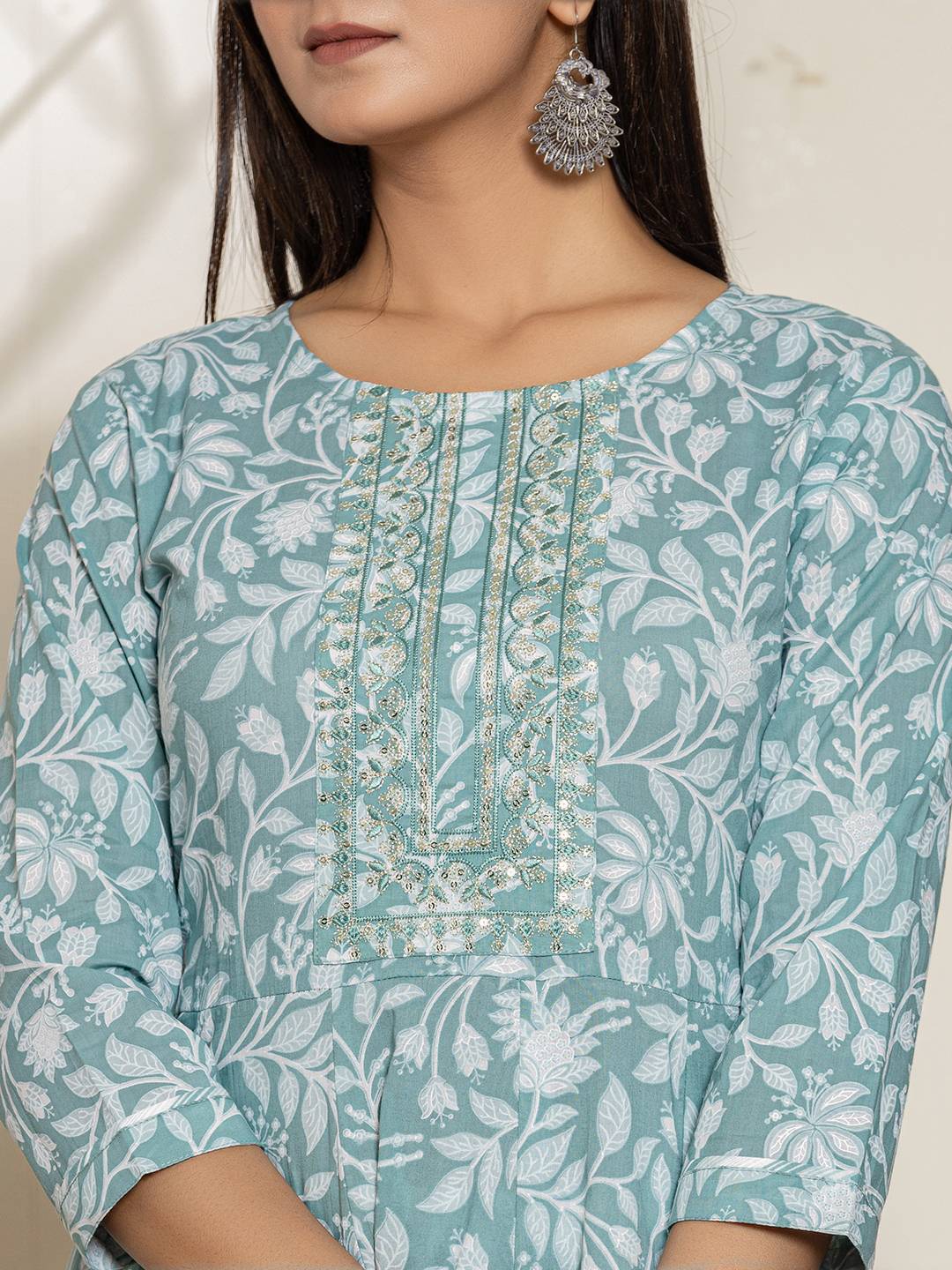 Yufta Green Sequins Workthread Work Cotton Anarkali Kurta And Trouser With Dupatta