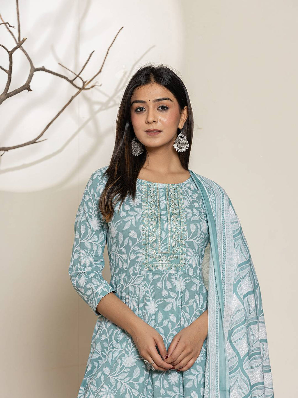 Yufta Green Sequins Workthread Work Cotton Anarkali Kurta And Trouser With Dupatta