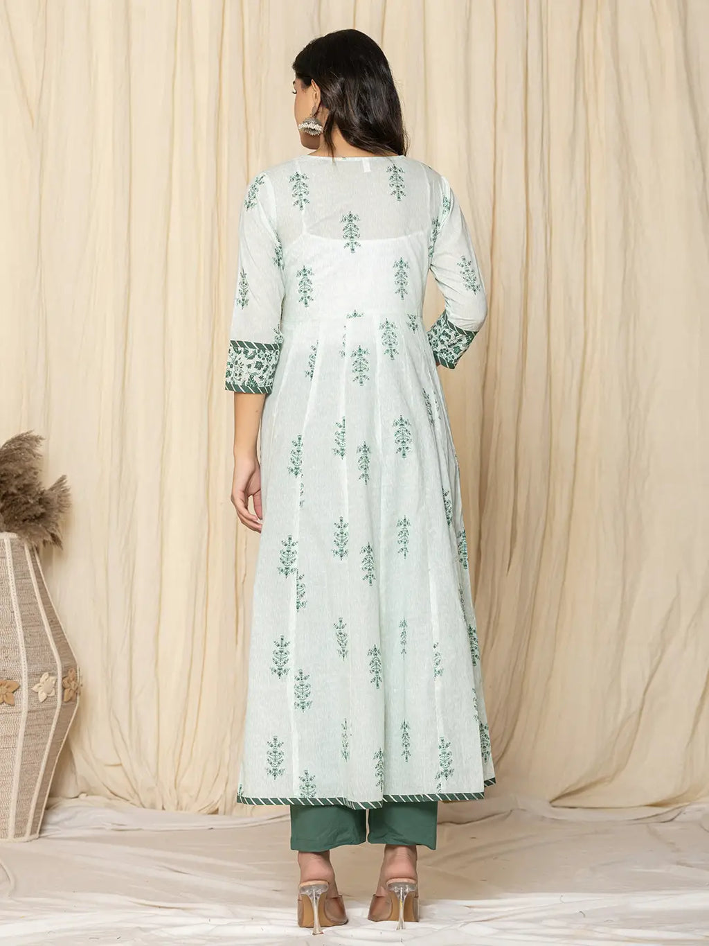 Yufta Green Sequins_Work Cotton Anarkali Kurta And Trouser With Dupatta Set