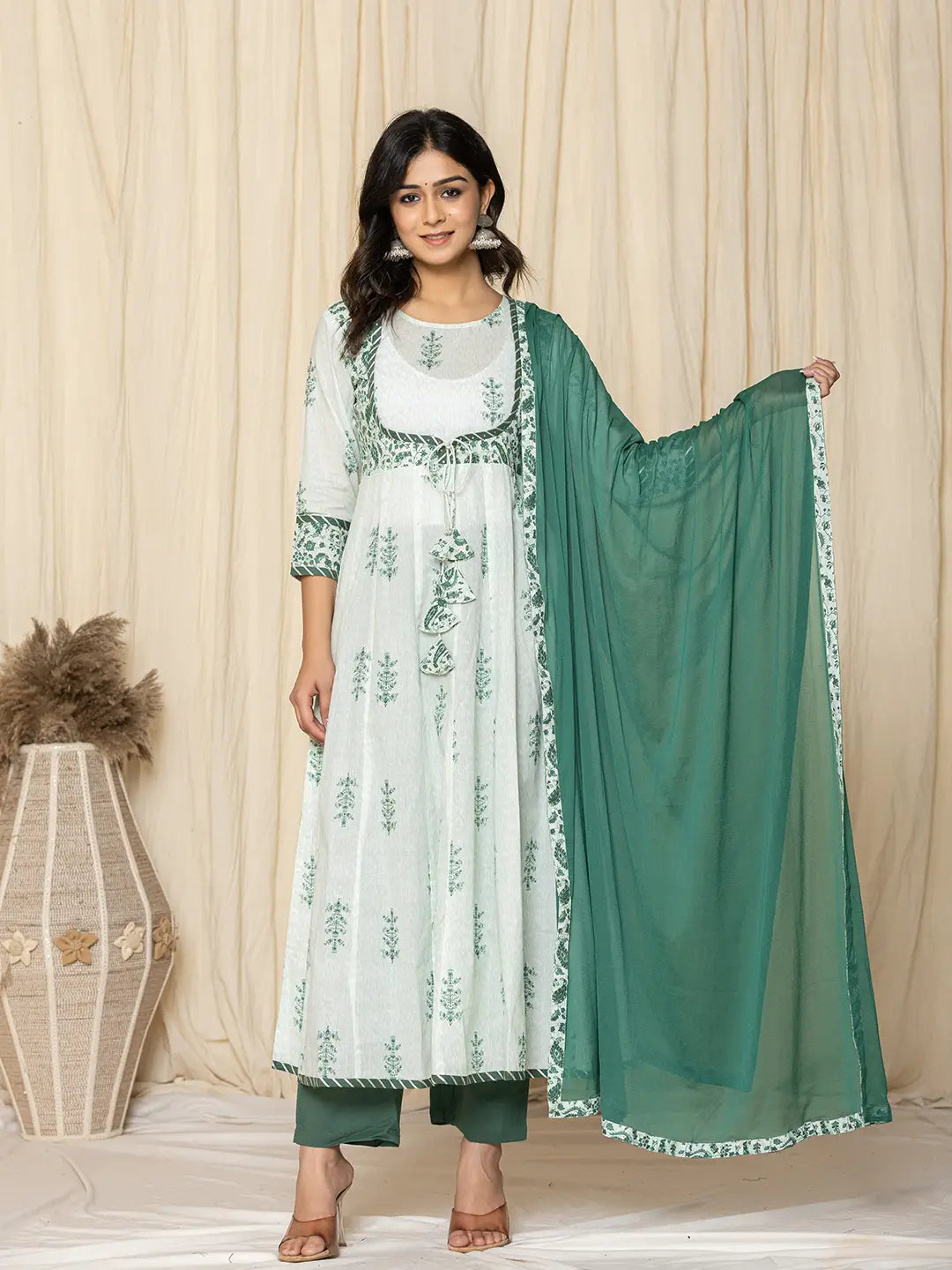 Yufta Green Sequins_Work Cotton Anarkali Kurta And Trouser With Dupatta Set