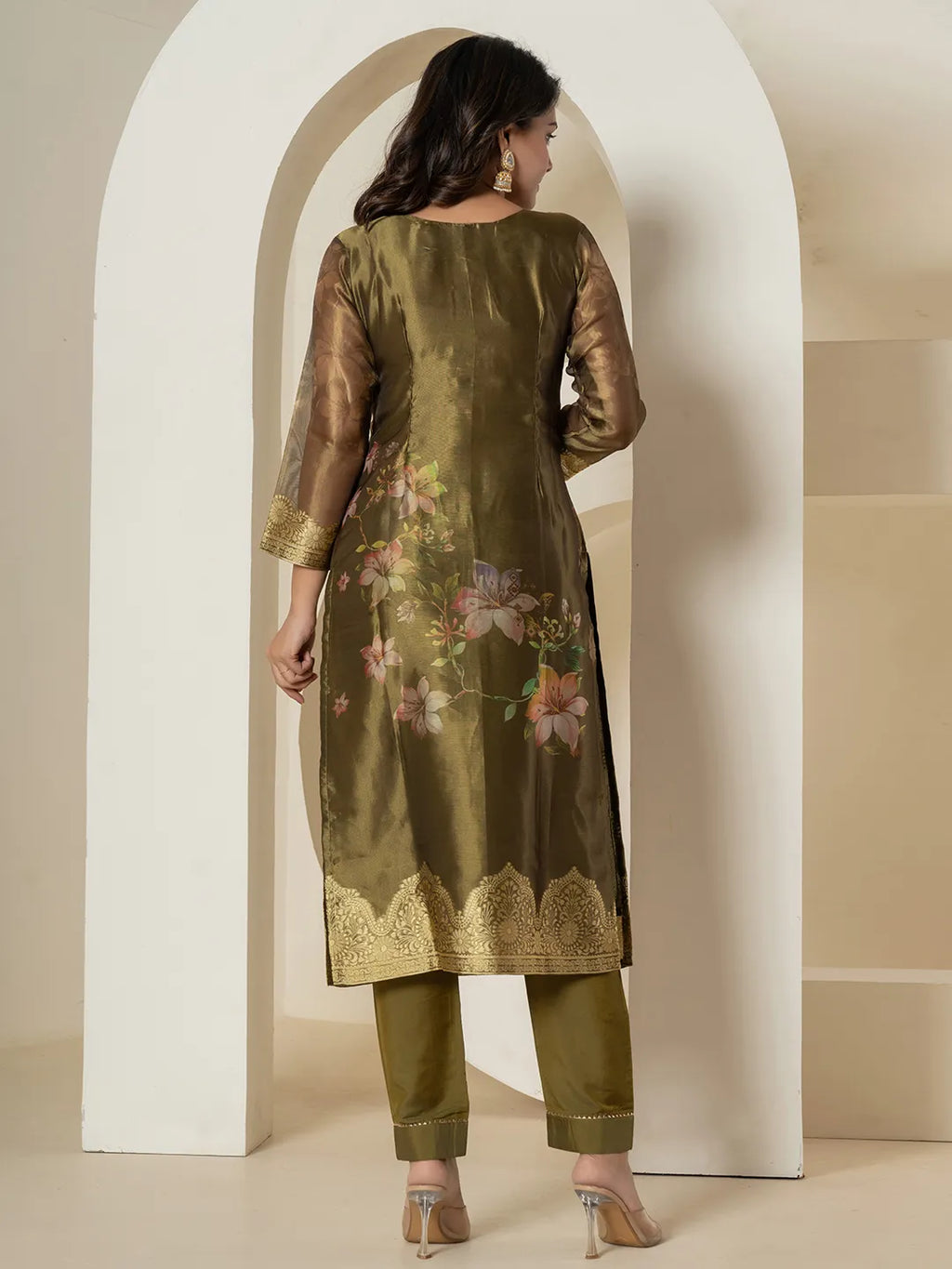 Yufta Green Tissue Kurta Dupatta Pant Set