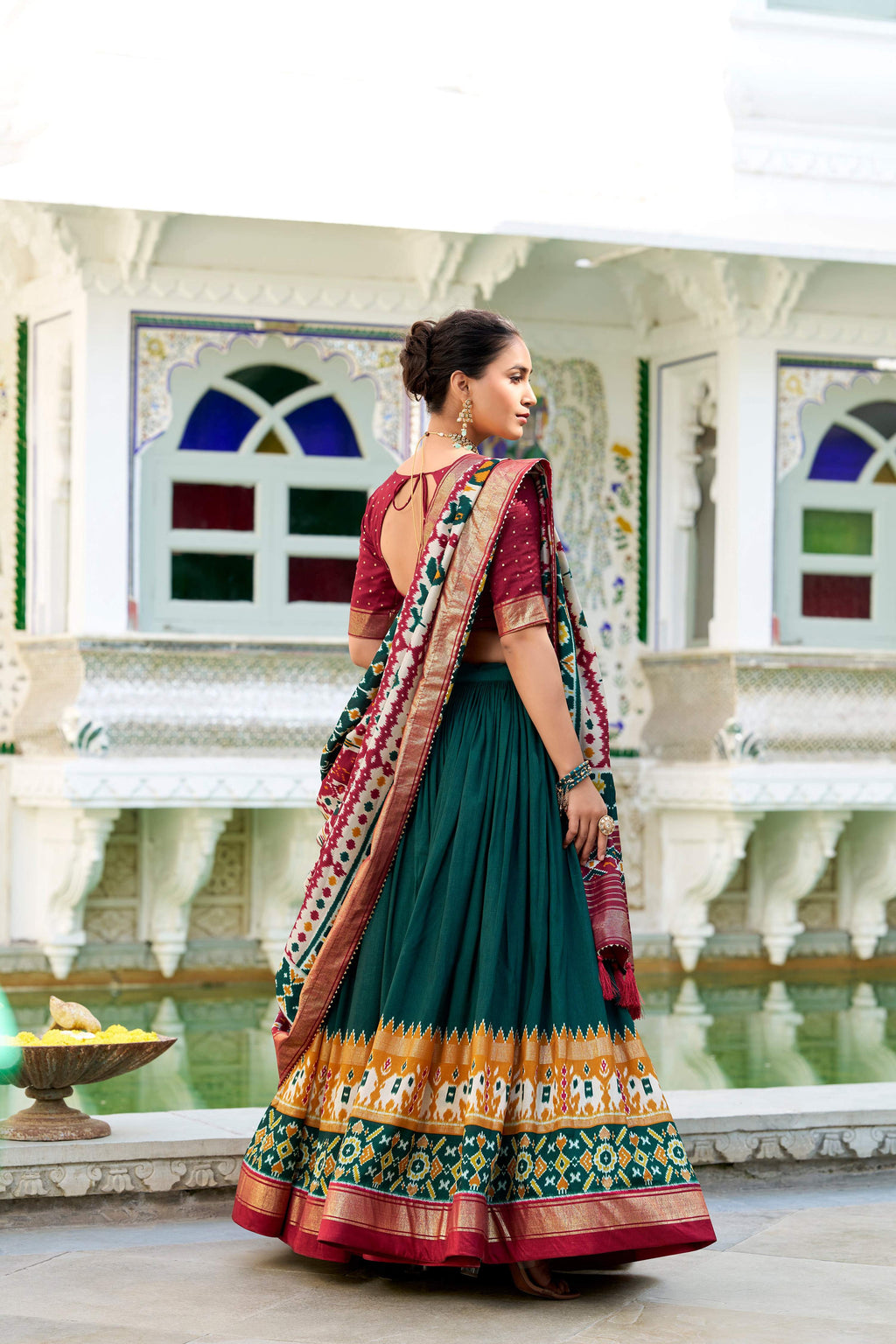 Evanik Green Traditional Style Tussar Silk Patola Print With Foil Work Unstitched Lehenga Choli