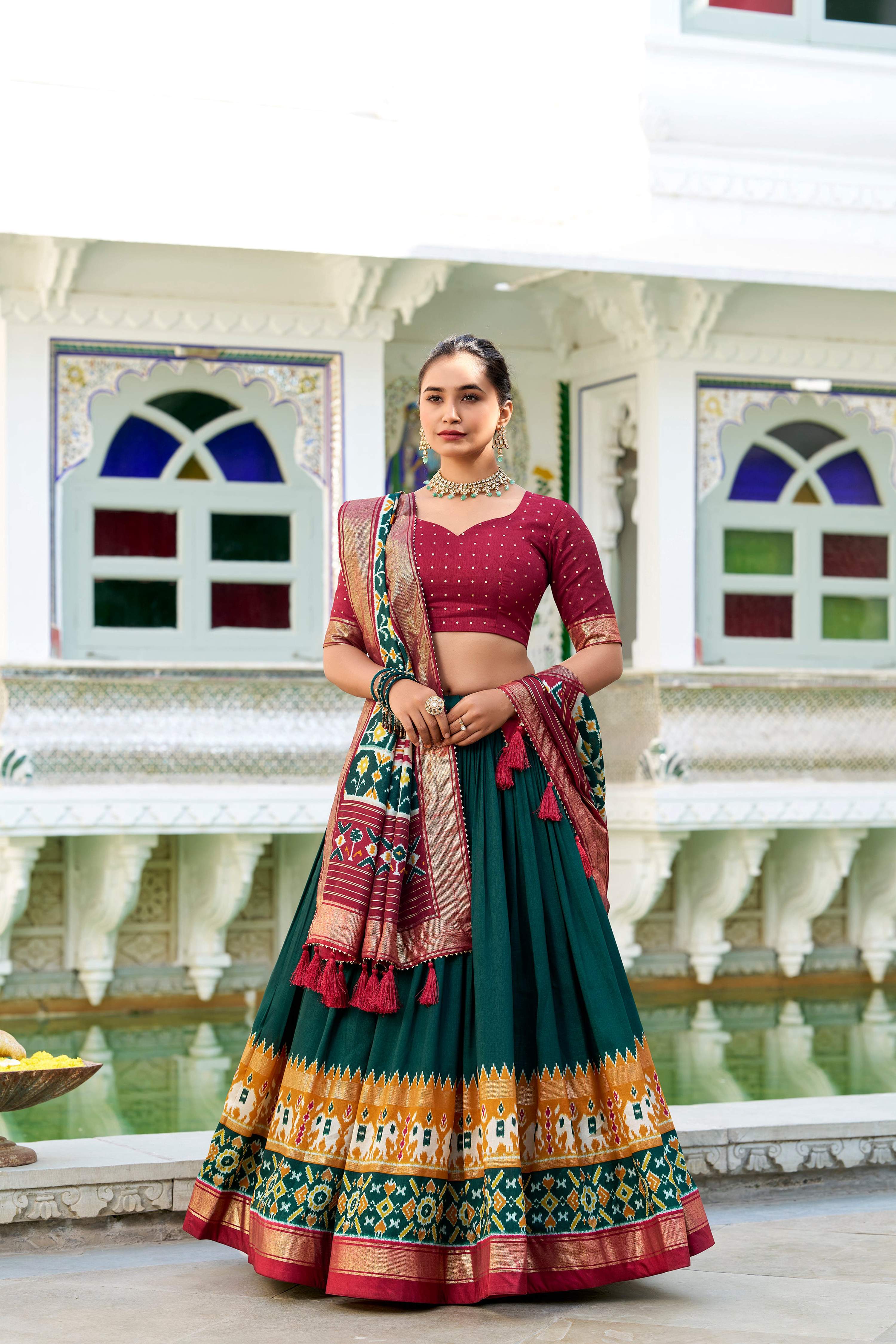 Evanik Green Traditional Style Tussar Silk Patola Print With Foil Work Unstitched Lehenga Choli