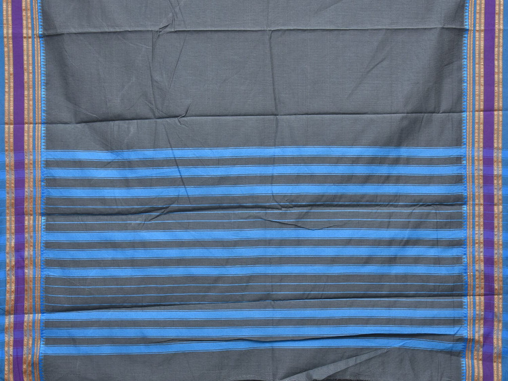 Grey and Blue Bamboo Cotton Plain Saree with Small Temple Border Design No Blouse - Global Threads