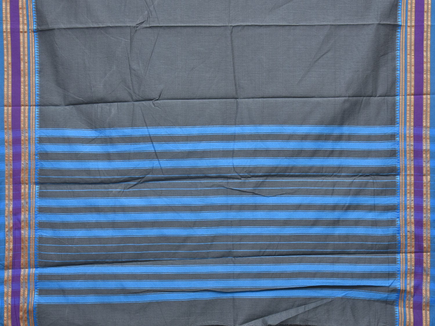 Grey and Blue Bamboo Cotton Plain Saree with Small Temple Border Design No Blouse - Global Threads