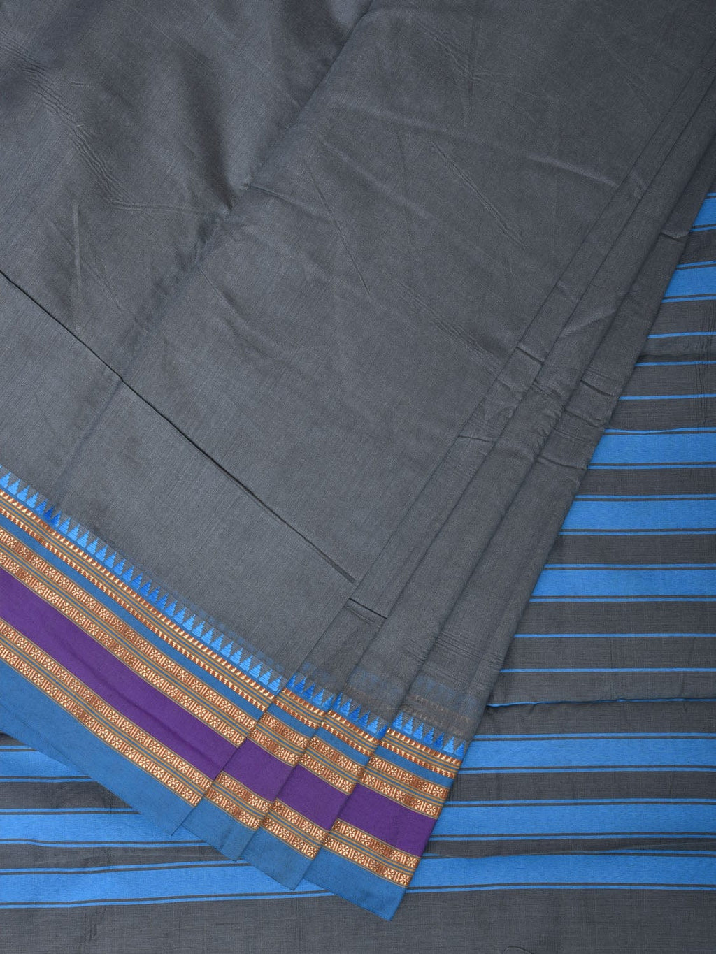 Grey and Blue Bamboo Cotton Plain Saree with Small Temple Border Design No Blouse - Global Threads