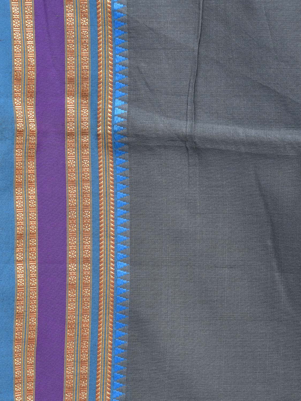 Grey and Blue Bamboo Cotton Plain Saree with Small Temple Border Design No Blouse - Global Threads