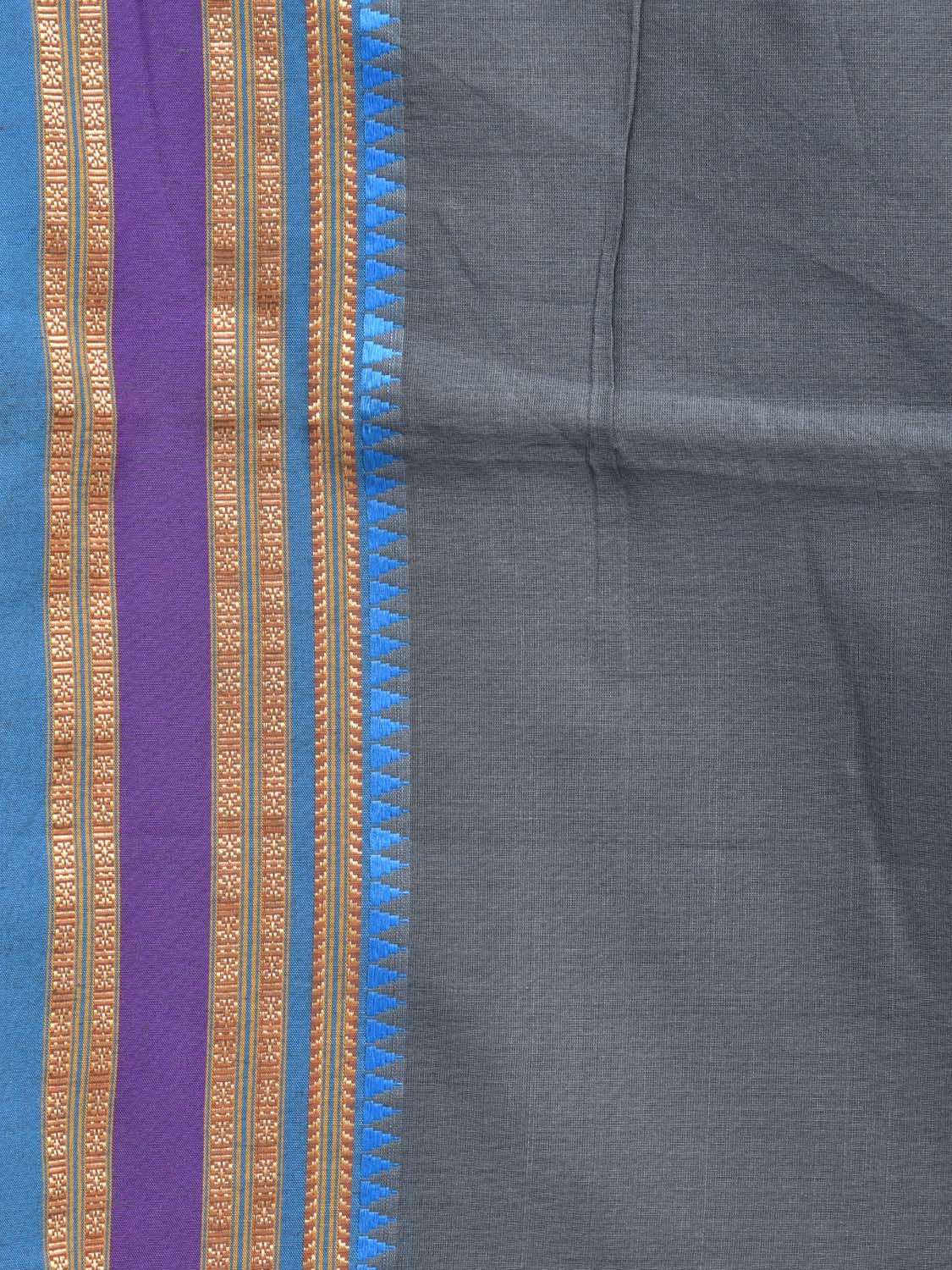 Grey and Blue Bamboo Cotton Plain Saree with Small Temple Border Design No Blouse - Global Threads