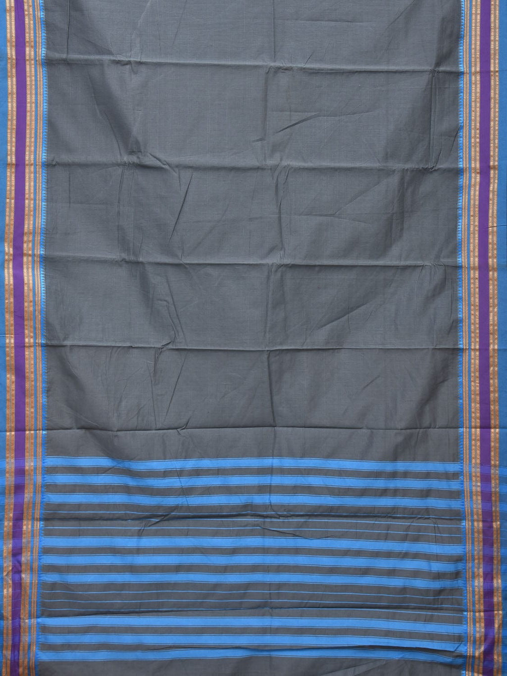 Grey and Blue Bamboo Cotton Plain Saree with Small Temple Border Design No Blouse - Global Threads