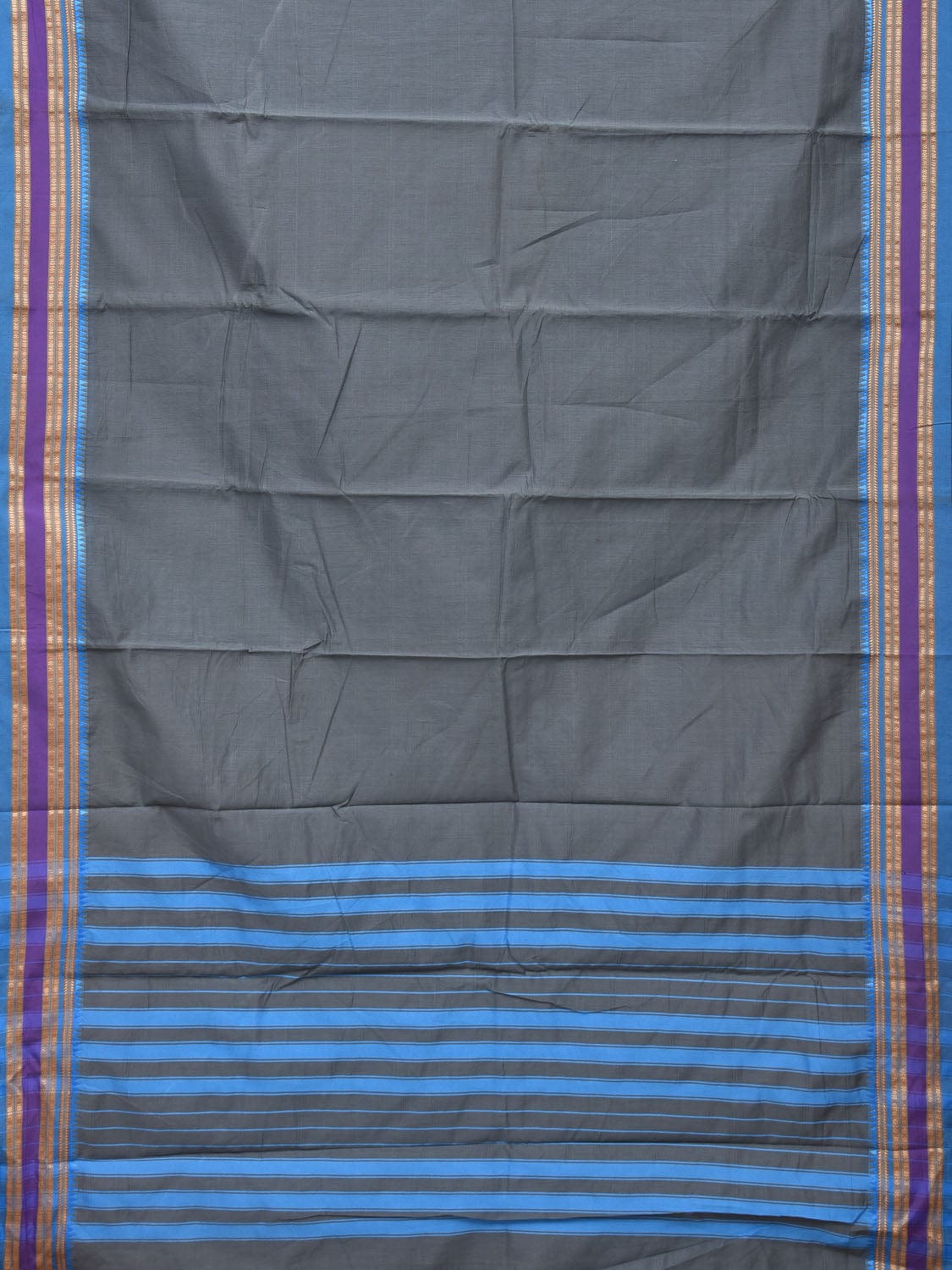 Grey and Blue Bamboo Cotton Plain Saree with Small Temple Border Design No Blouse - Global Threads