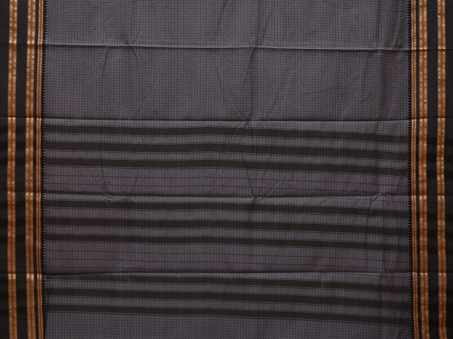 Grey Bamboo Cotton Saree with Checks Design - Global Threads