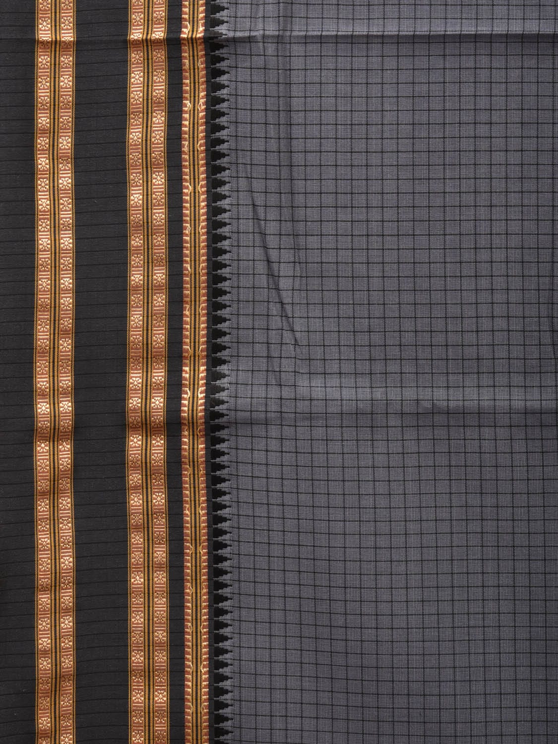 Grey Bamboo Cotton Saree with Checks Design - Global Threads