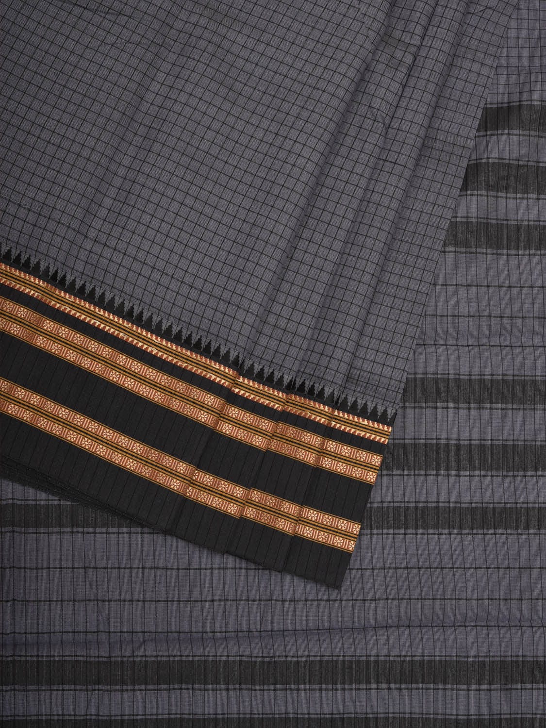 Grey Bamboo Cotton Saree with Checks Design - Global Threads