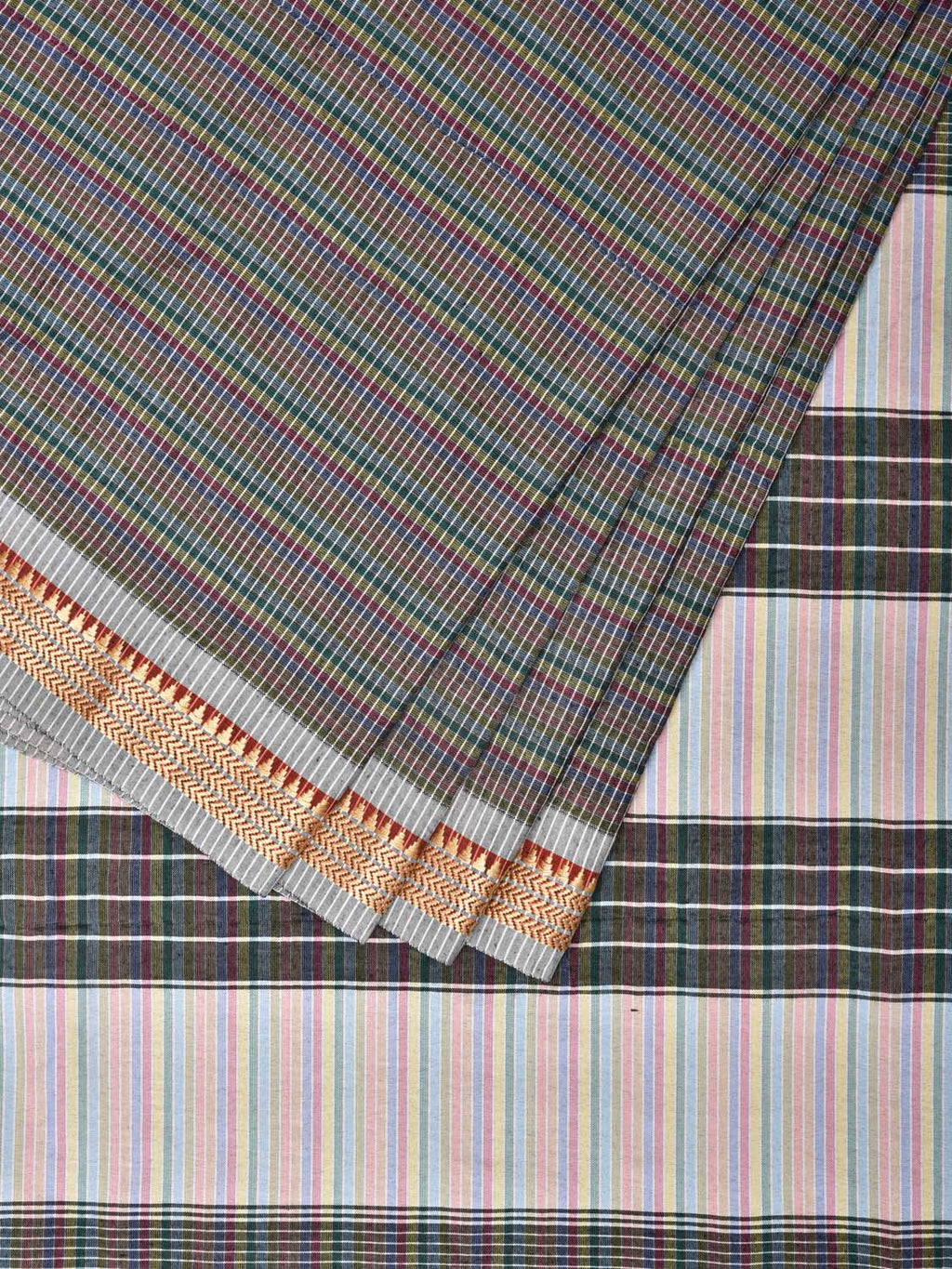 Grey Bamboo Cotton Saree with Checks Design No Blouse - Global Threads