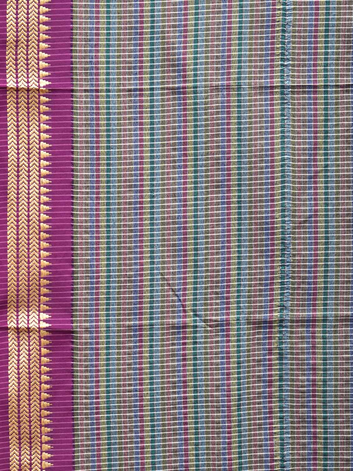 Grey Bamboo Cotton Saree with Checks Design No Blouse - Global Threads