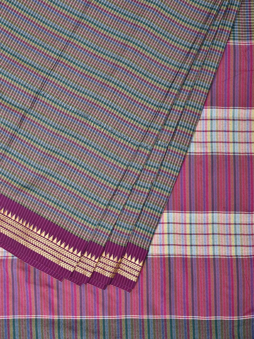 Grey Bamboo Cotton Saree with Checks Design No Blouse - Global Threads