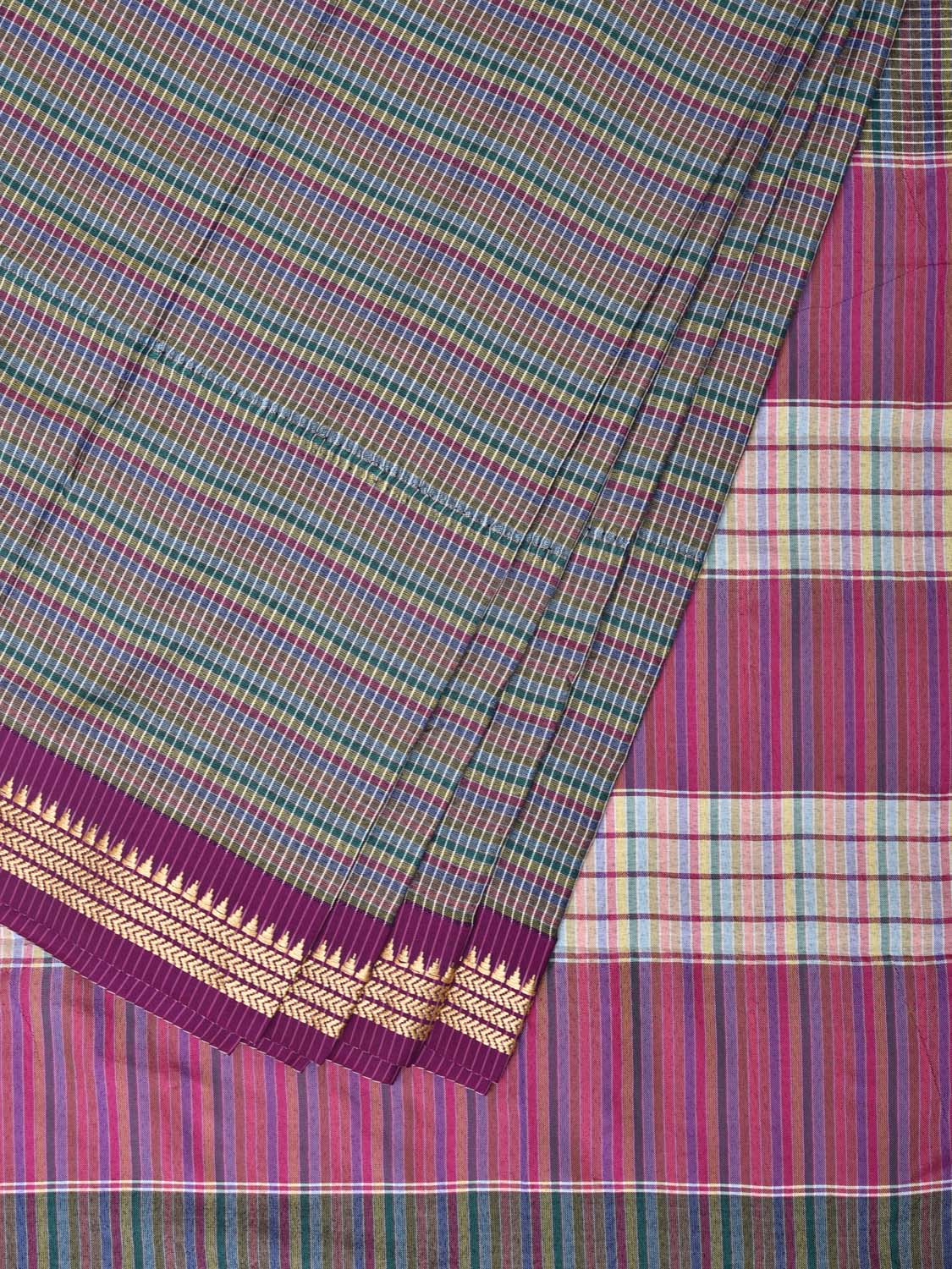 Grey Bamboo Cotton Saree with Checks Design No Blouse - Global Threads