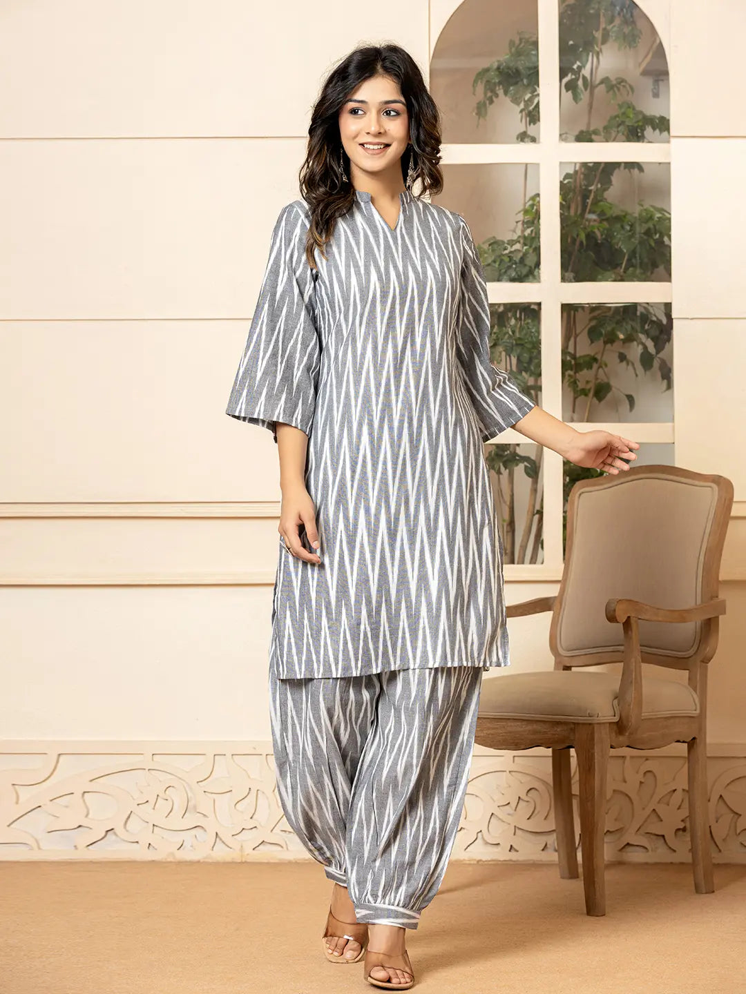 Yufta Grey Cotton Ikat Co-Ord Set