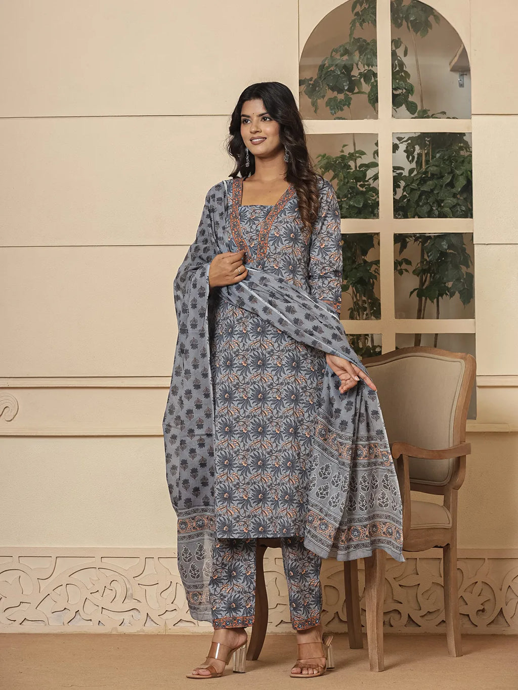 Yufta Grey Cotton Sequins_Work Kurta Dupatta Set