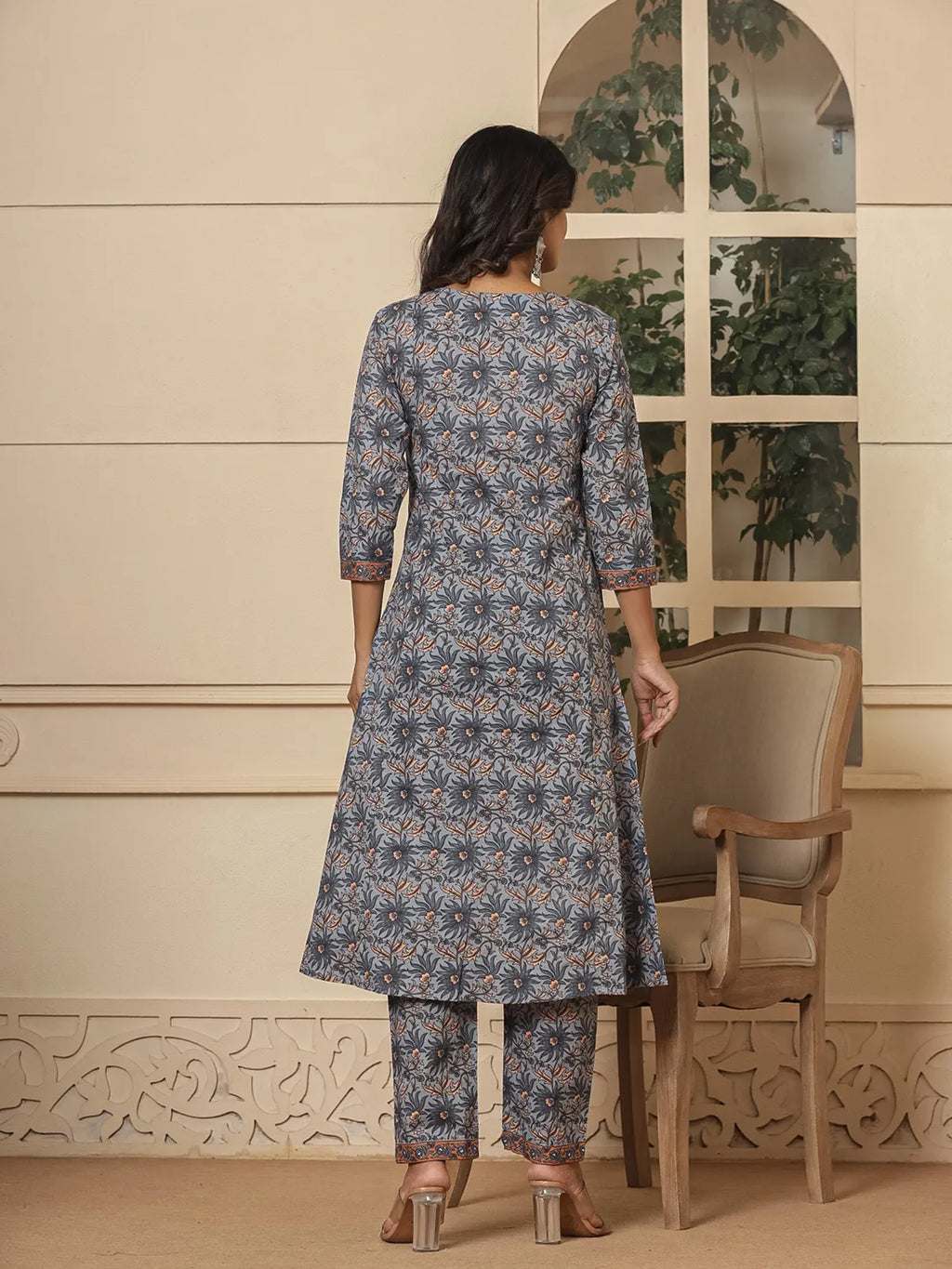 Yufta Grey Cotton Sequins_Work Kurta Dupatta Set