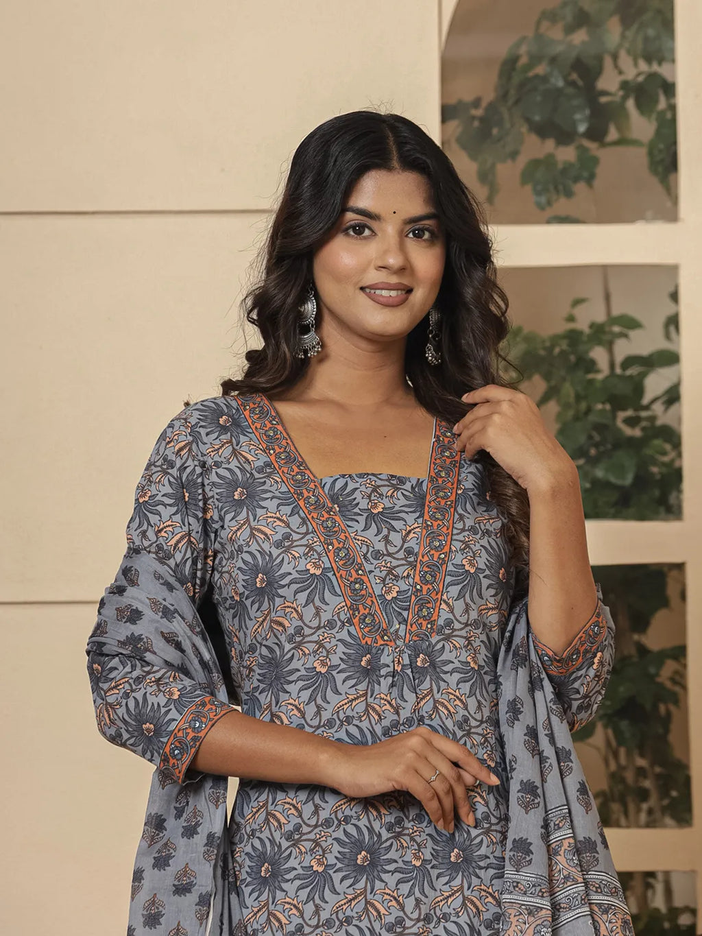 Yufta Grey Cotton Sequins_Work Kurta Dupatta Set