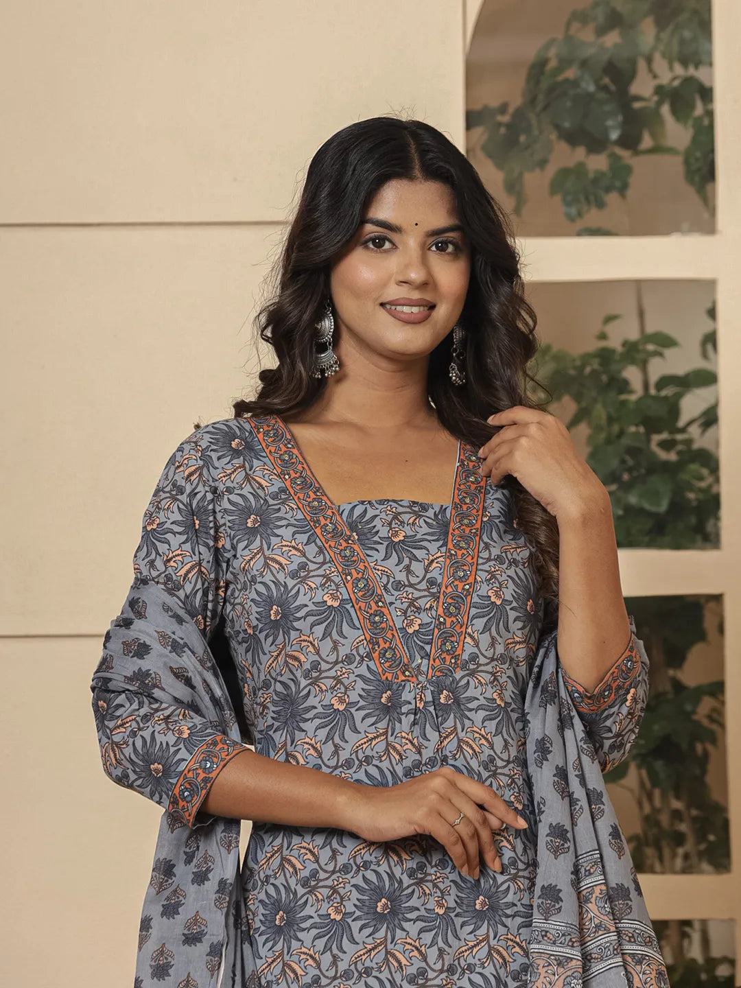 Yufta Grey Cotton Sequins_Work Kurta Dupatta Set