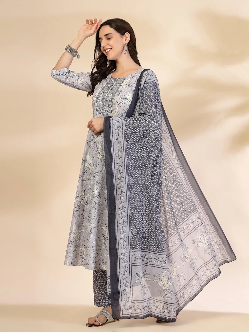 Yufta Grey Pure Cotton Anarkali Dupatta Pant Set