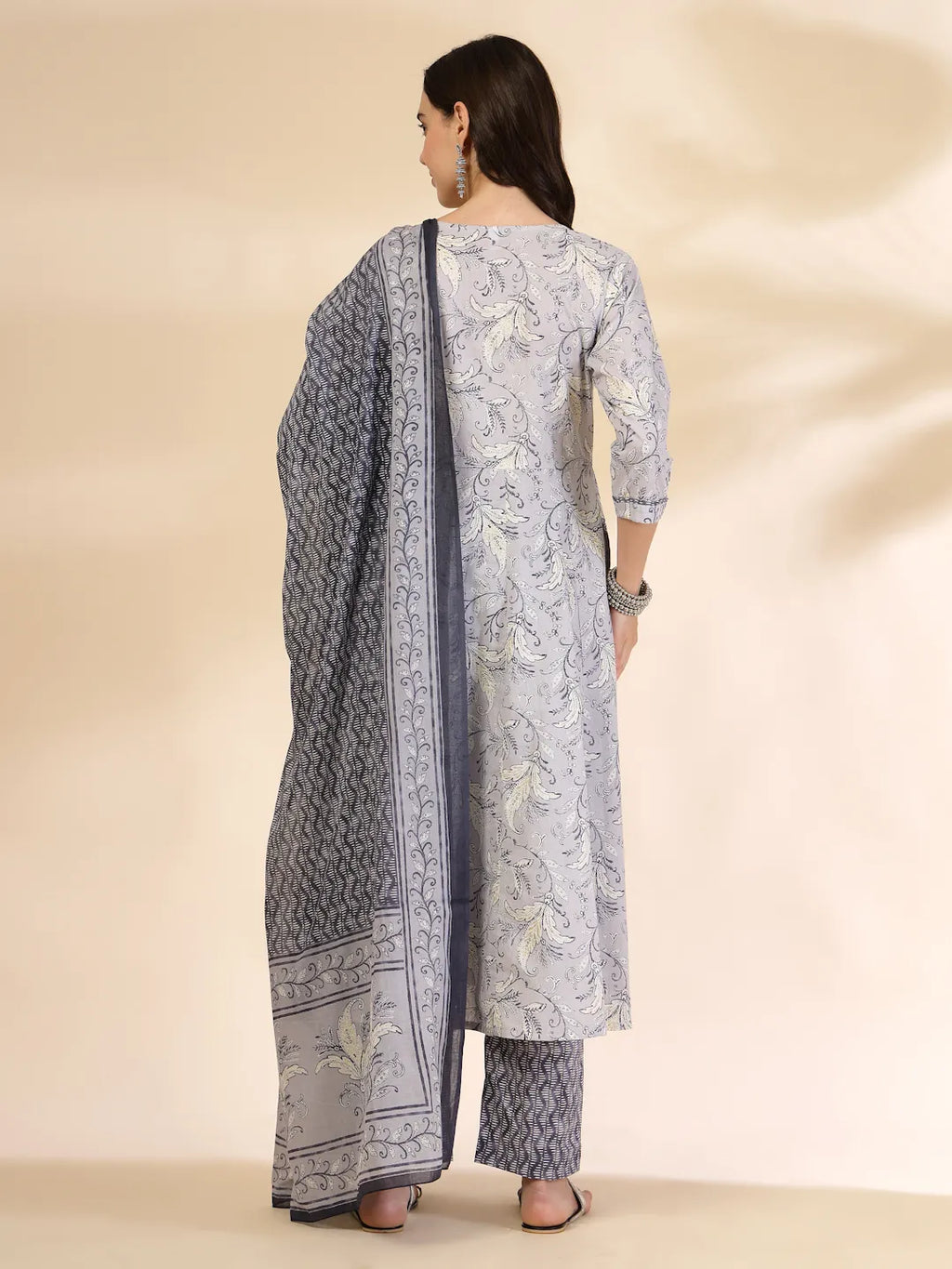 Yufta Grey Pure Cotton Anarkali Dupatta Pant Set