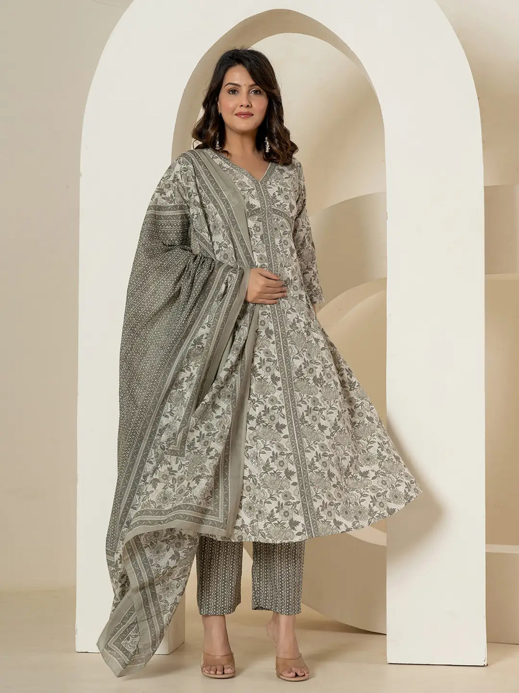 Yufta Grey Sequins_Work Pure Cotton Anarkali Kurta And Dupatta Set